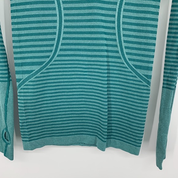 Lululemon Top Women Size 4 Swiftly Tech Teal Stripe Print Long Sleeve Thumbholes - Picture 5 of 13